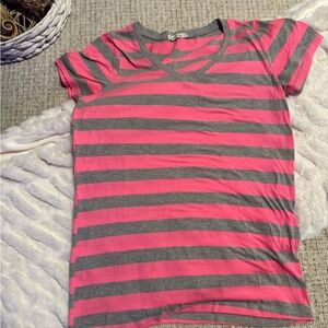 Pink and Gray Striped V-Neck T-Shirt